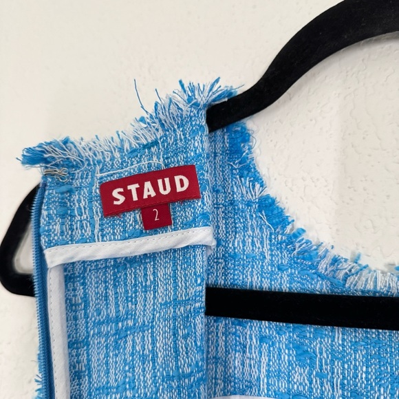 STAUD Crystal Tweed Boucle Fringe Sleeveless Mini Dress Pacific Blue Size 2 NEW - Picture 8 of 10